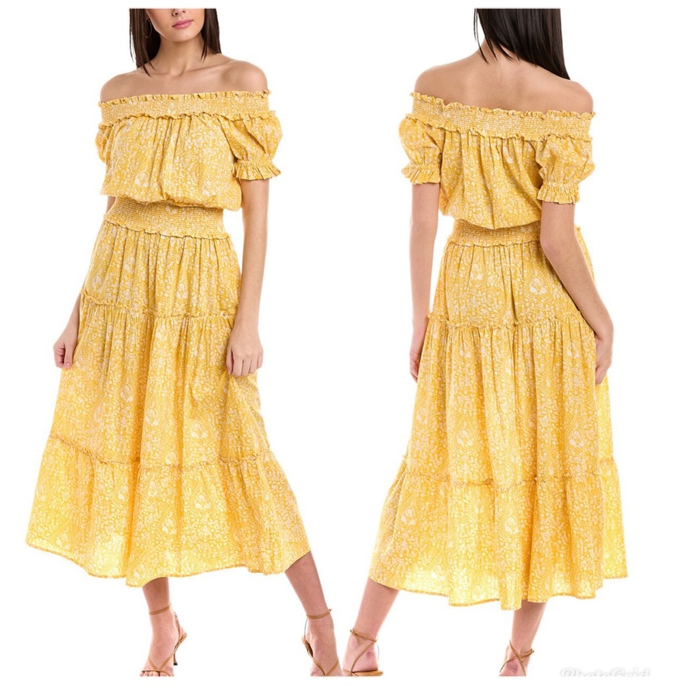 Pomegranate Off-the-Shoulder Dress in Yellow Floral Print Size Small